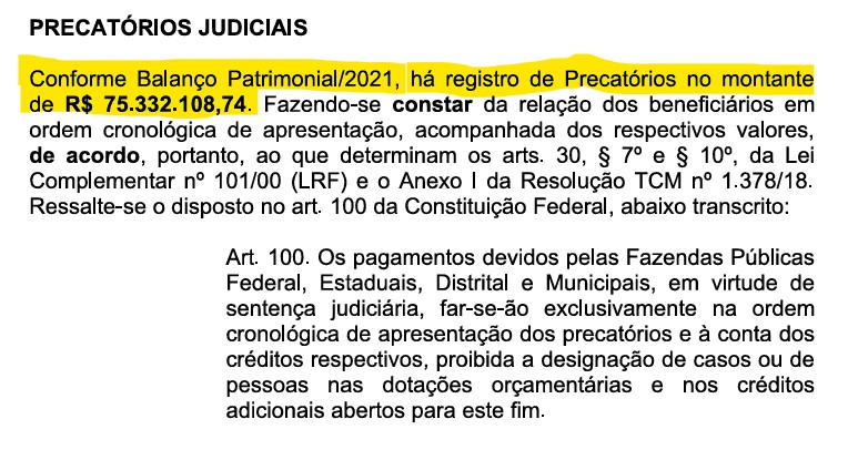 Dados extraidos relatório do TCM